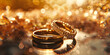 Wedding rings lie on a beautiful bouquet as bridal accessories , Two wedding rings on top of each other close up,Gold jewelry background blurry.
