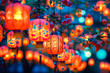 Majestic display of Chinese lanterns illuminated in reds and blues against a twilight sky, creating a magical atmosphere