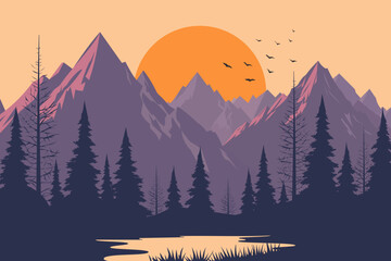 Wall Mural - Mountains at sunset or dawn against the backdrop of a forest and lake. Beautiful mountain landscape with high peaks and rocks, forest, fir trees, pine trees, lake, orange sun and flying birds. 