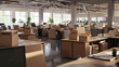 An office relocation with packed boxes and empty desks during a company move.