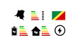 Indicators of life in Congo. Outline map, green energy, house letter rating. National flag of Congo. Flat vector icons