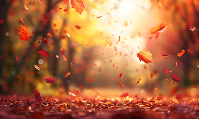 Wall Mural - Autumn background with beautiful colorful leaves falling in the air and ground covered in fallen autumn leaves.  Beautiful natural autumn landscape with colorful foliage in the park.  