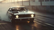 Vintage muscle car power-sliding with style at sunset.