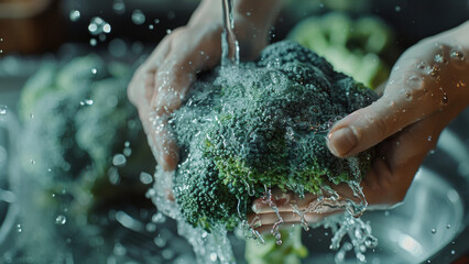 Wall Mural - Fresh broccoli being rinsed under water, sparkling with droplets.