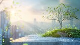 Fototapeta  - Urban permaculture at dawn: Nature's serenity meets city life with dew-kissed foliage against a modern backdrop