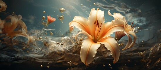 Poster - A terrestrial plant, the lily, is gracefully floating in the liquid of a lake, with bubbles emerging from its petals in a serene and beautiful event