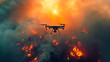 Drone hovering above a fierce wildfire, emergency tech in action, sunset backdrop.