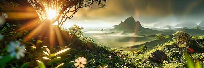 Wall Mural - Alpine Glow: The Suns Last Rays Illuminating Mountain Peaks and Forests, Invoking Tranquility and Wonder