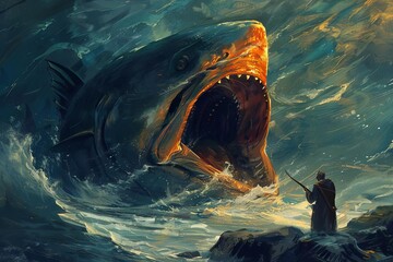 Jonah's Encounter with the Giant Fish, Biblical Story Illustration, Digital Painting