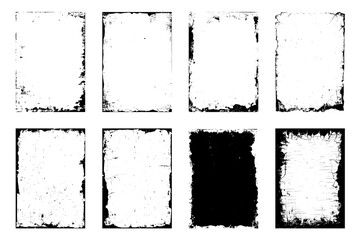 Vector distressed grunge overlay border set with ink brush stroke and torn paper effect. Dirty photo frame for any media business template. Vector illustration of rough, dirty, grainy design.