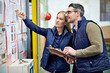 © peopleimages.com - People, business and checking schedule with board in warehouse with calendar for order details. Man, woman and together with checklist or clipboard for supplier information and inventory updates