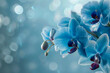 A delicate branch of blue orchids against a soft, blue and white background, capturing the beauty of tropical flora