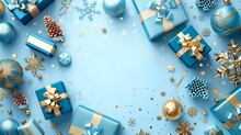Christmas 3d Background In Blue And Gold Shades With Festive Gifts And Snowflakes. Banner For Christmas Spread.