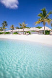 Fototapeta Zachód słońca - Beach villas in Maldives, luxury summer travel and vacation background. Amazing blue sea and palm trees under blue sky. Tropical landscape and exotic beach. Summer holiday or honeymoon destination
