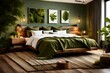 bedroom with earthy tones of moss green and warm brown