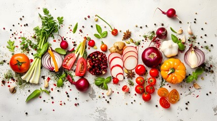 Sticker - Diverse Assortment of Fresh Fruits and Vegetables on a Light Background,Showcasing a Healthy and Vibrant Culinary Concept