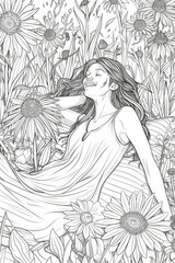Poster - Coloring page of woman laying down amidst a field of vibrant yellow sunflowers under a clear blue sky
