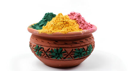 Holi colors or powder in traditional pot isolated on white background