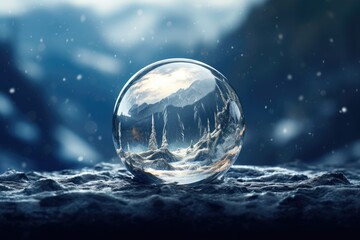 Canvas Print - Crystal ball on rocky terrain with mountain reflection