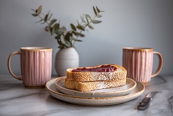 a pink and brown ceramic plate with two slices of toast with mermelade on it