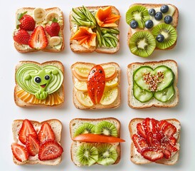 Wall Mural - Funny bruschetta toast collage decoration with animals and faces for kids. Heathy decoration with fruits and vegetables.