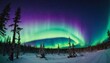 An ethereal display of the Northern Lights arcs across a starlit sky above a snowy forest. The vibrant colors of the aurora stand in stark contrast to the serene winter landscape. AI generation