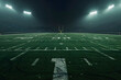 A dramatic American football field illuminated by bright stadium lights, creating sharp contrasts between light and shadow showcasing the green grass and white lines under a dark night sky.
