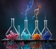 Artistic chemistry set with colorful vapors escaping from flasks. The scene captures the essence of a whimsical scientific exploration. AI generation
