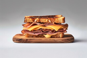 Wall Mural - photo of a grilled sandwich topped with cheese and ham on a wooden board