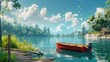 Peaceful Lakeside Tranquility with Red Rowboat Floating on Serene Waters Surrounded by Lush Greenery and Cloudy Skies