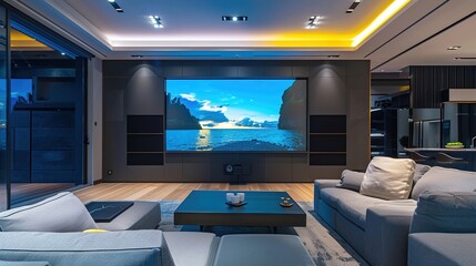 Wall Mural - A modern media wall with a built-in sound system, featuring sleek speakers integrated seamlessly into the design, creating an immersive audiovisual experience.