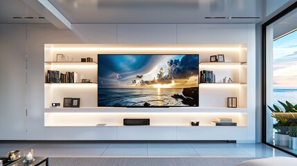 Wall Mural - A sleek, white media wall in a minimalist home, featuring a large flat-screen TV surrounded by recessed lighting and floating shelves displaying curated artwork.