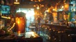 A refreshing beer sits on a rustic bar table, basking in the warm glow of a cozy, ambient bar setting, inviting viewers into a moment of relaxation