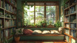 A digital art depiction of a sunlit cozy reading nook surrounded by books and lush indoor plants
