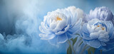 Fototapeta  - Tło w niebieskie kwiaty. Pastelowe jasne peonie. Wiosenne tło kwiatowe. Błękit i biel