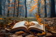 Otwarta książka na leśnej drodze w okresie jesiennym