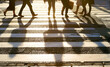 Beautiful shadows of people crossing the street on zebra strip, low angle shot, stock photo,
