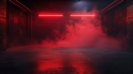 Wall Mural - the dark stage shows, dark red background, an empty dark scene, neon light, and spotlights the concr