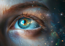 Abstract Vision Concept With A Human Eye And Starry Sky Background. A Space Galaxy With Shining Stars And Nebula Inside The Iris Of An Open Female Blue Eye, 
