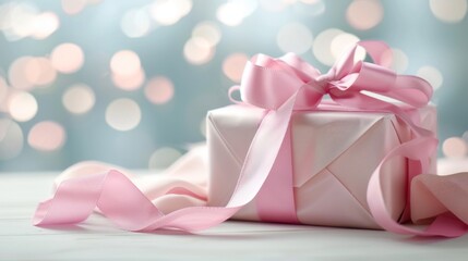 Wall Mural - A pink gift box adorned with a pink ribbon placed next to it