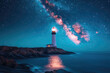 lighthouse at sea, starry night sky