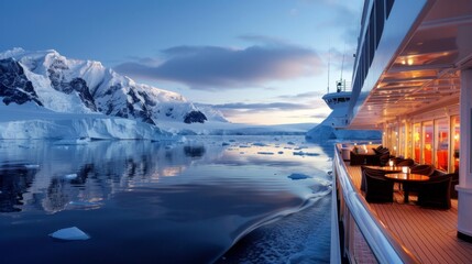 Wall Mural - Cruise Ship Sailing Near Icebergs and Mountains