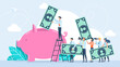 Saving money financial concept. Money saving. Tiny people inserting cash into piggy bank, getting and investing income. Investment success, safe economical fund deposit strategy. Flat illustration