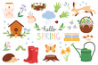 Spring bundle of cute and fresh design elements. Set contains cute bunny, spring flowers, birdhouse, nest, rainy cloud, caterpillar, hedgehog, basket full of flowers, watering can, butterfly, ladybug.