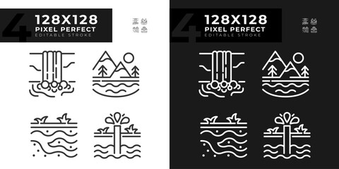 Wall Mural - Natural water bodies linear icons set for dark, light mode. Natural resources. Scenic view. Groundwater. Thin line symbols for night, day theme. Isolated illustrations. Editable stroke. Pixel perfect