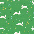 Springtime Meadow. Green pattern with rabbits and flowers. Vector illustration.