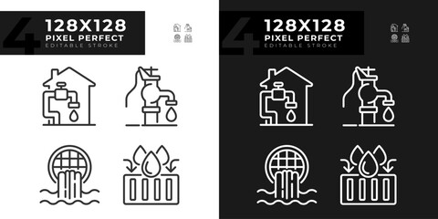 Wall Mural - Water infrastructure linear icons set for dark, light mode. Manual well pump. Home water system. Thin line symbols for night, day theme. Isolated illustrations. Editable stroke. Pixel perfect