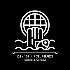 Sticker - Water pollution white linear icon for dark theme. Contaminated water. Environmental damage, impact. Wastewater. Thin line illustration. Isolated symbol for night mode. Editable stroke. Pixel perfect