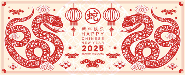 Happy chinese new year 2025 the snake zodiac sign with flower,lantern, red paper cut style on color background. ( Translation : happy new year 2025 year of the snake )