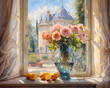 Still life with roses in a glass vase, standing at an open window with a beautiful view of an old European villa and garden. All are brightly illuminated by the morning sun. Oil painting.